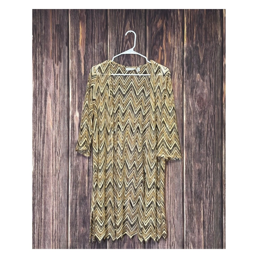 Susan Graver Knit Cardigan Womens XL Gold Brown Zig Zag Print Open Front - Picture 2 of 12